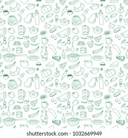 A set of doodles on the theme of food. Painted on a white background in green. Seamless pattern.