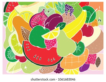 A set of doodles on the theme of fruit painted on a white background. Painted in different colors.