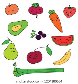 Set of doodles on the theme of fruits and vegetables in the cartoon style.