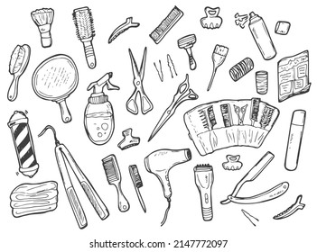 Set of doodles on the theme of hairdressing. icons, freehand drawing. hair dryer, scissors, combs and other items on white background