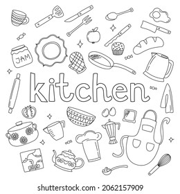 A set of doodles on the theme of kitchen and tableware. Hand drawn plates and food in black.