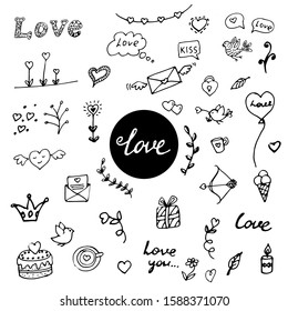 Set of doodles on the theme of love, romance, Valentine's Day.  Elements for greeting cards, posters, stickers and seasonal design.