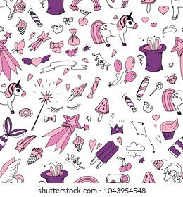A set of doodles on the theme of magic and unicorns, hand-drawn on a white background.