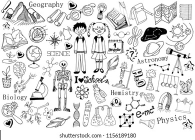 set of doodles on a theme school, science, school supplies, hand drawing, black and white vector illustration