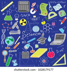 A set of doodles on the theme of science and school. Painted in different colors on a blue background.