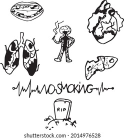 Set of doodles on the theme of smoking. We see the consequences of this bad habit. These elements can be used to create animations, banners, flyers and other print or web designs.