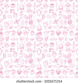 A set of doodles on the theme of tea time. Desserts and tea. Seamless pattern. Pinc colors.
