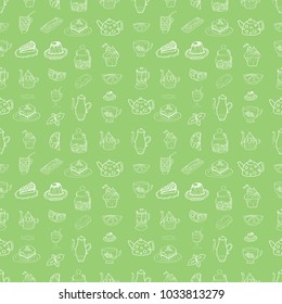 a set of doodles on the theme of tea time. Seamless pattern.