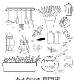 A set of doodles on the theme of tea and a kitchen. Painted on a light background.