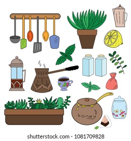 A set of doodles on the theme of tea and a kitchen. Painted on a light background and painted in different colors.