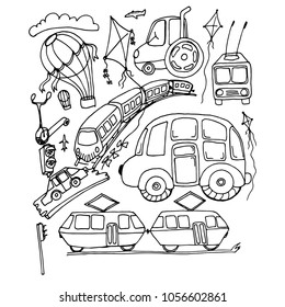 A set of doodles on the theme of transport. Hand-drawn on white background.