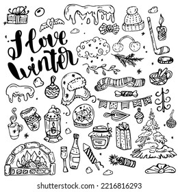 A set of doodles on the theme of the winter season - snowflakes, Christmas tree, gift boxes, classic decorations, knitwear, winter sports. Vector freehand drawings isolated on white background.