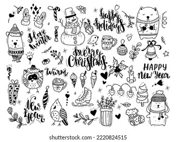 A set of doodles on the theme of the winter season - snowflakes, icicles, classic decorations, knitwear, winter sports, cute animals. Vector freehand drawings isolated on white background.
