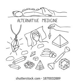 A set of doodles on the topic of alternative medicine. Hand drawing.