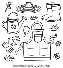 Set of doodles for planting and garden maintenance. Gardening clothes, leaves, watering can, grass, gloves. Contour isolated illustration. Suitable for gardening blogs, packaging of garden goods