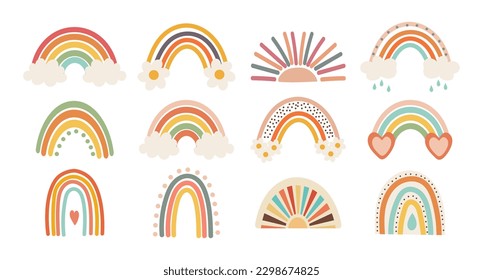 Set of doodles, rainbows, sun with clouds and flowers in retro boho style. Baby stickers, scrapbook icons, vector