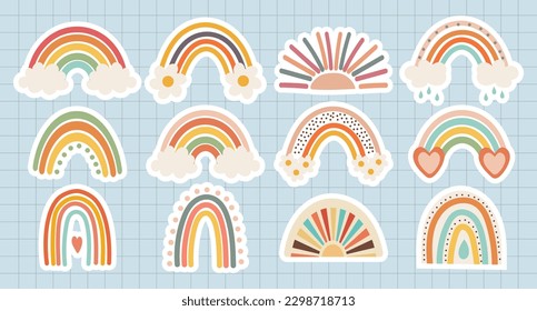 Set of doodles, rainbows, sun with clouds and flowers in retro boho style. Baby stickers, scrapbook icons, vector