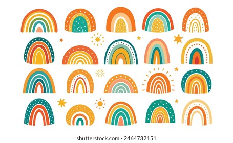 Set of doodles, rainbows, sun with clouds and flowers in retro boho style. Baby stickers, scrapbook icons, vector