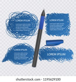 Set of Doodles. Scribble collection. Ink sketches of blue color on transparent background with realistic pen. Vector eps 10 illustration