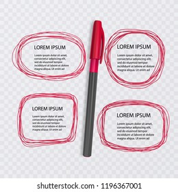 Set of Doodles. Scribble collection. Ink sketches of red color on transparent background with realistic pen. Vector eps 10 illustration