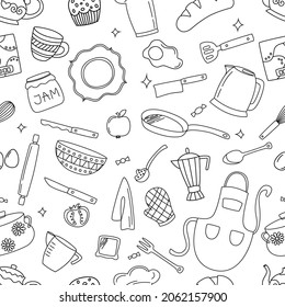 Set of doodles seamless pattern on the theme of kitchen and tableware. Hand drawn plates and food in black.