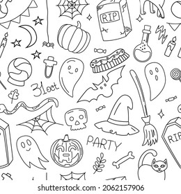 Set of doodles seamless pattern on the theme of Halloween. Hand drawn pumpkins and ghosts in black.