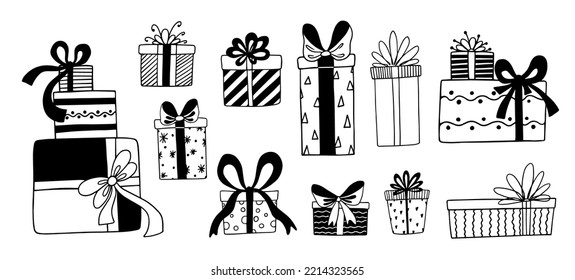 A set of doodles, sketches of gift boxes for the holiday of Christmas or a party.Vector graphics.