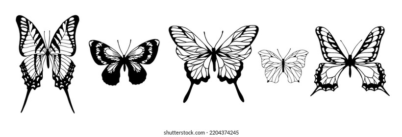 Set of doodles, sketches of winged insects, butterflies. Vector graphics.