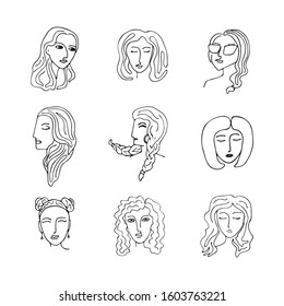 A set of doodles of stylized female faces of different nationalities drawn by hand. minimalistic silut female face with different hairstyles. vector stock illustration on a white background