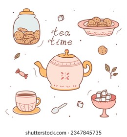 Set of doodles tea time. Colorful cartoon collection of ceramic teapot, cup of tea, cookies and sugar cubes. Vector illustration