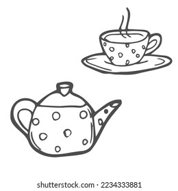 Set of doodles tea time. Teapot and cup of tea sketch