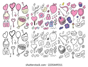 set of doodles valentine celebration element decoration.Variant pink color on valentine celebration. Big set of lovely objects for st. Valentines day in doodle style on white background