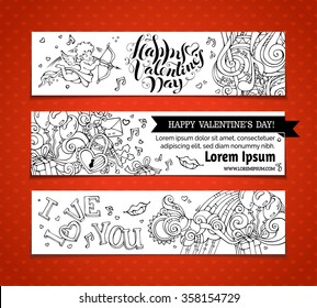 Set of doodles Valentine's banners. Cupid, hearts, music notes, gift, balloons, rainbow, ribbon, ring, roses, hand-written lettering. Vector outlined romantic banners. There is place for your text. 