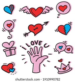 Set of doodles for Valentine's Day. Colored vector illustration isolated on white background.