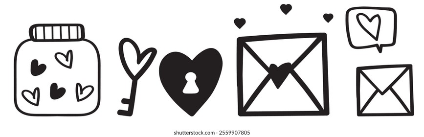 Set of doodles for Valentine's day. Jar with hearts, key with heart, love letter, valentine card. Outline vector illustration on white background.