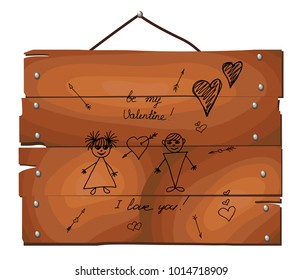 Set of doodles - Valentine's Day on wooden plank background. be my valentine card with girl and boy. hand drawn vector illustration.
