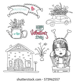 Set of doodles for valentine's day or other holiday to say how much you love someone. Vector illustration. Card, banner, poster, invitation, save the date, logo or background. Art of love.