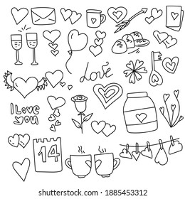 Set of doodles for Valentine's day, soap and simple attributes in outline style, coloring page vector illustration