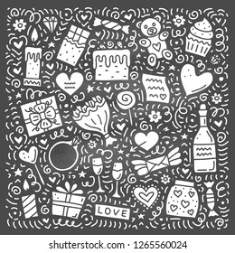 Set of doodles for Valentine's day with symbols around isolated on the blackboard.