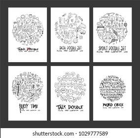 Set of doodles vector. Collection Font, Info, Sport, Party, business, Speech Bubble. circle form on a4 paper cover