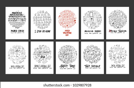 Set of doodles vector. Collection Font, Info, Sport, Party, Speech Bubble, Business, Valentine, House, wedding. circle form on a4 paper cover
