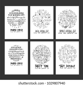 Set of doodles vector. Collection Font, Info, Sport, Party, Speech Bubble. circle form on a4 paper cover