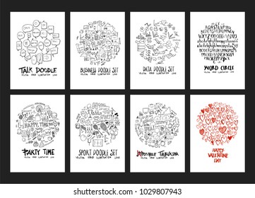 Set of doodles vector. Collection Font, Info, Sport, Party, Speech Bubble, Business, Valentine. circle form on a4 paper cover