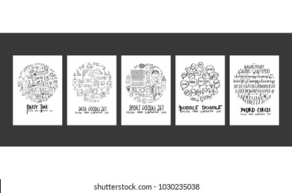 Set of doodles vector. Collection Font, Info, Sport, Party, Speech Bubble. circle form on a4 paper cover