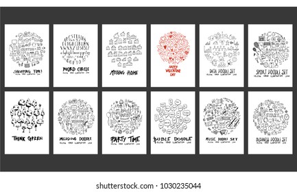 Set of doodles vector. Collection Font, Info, Sport, Party, Speech Bubble, Business, Valentine, House, Wedding, Tree, Music, Shopping. circle form on a4 paper cover