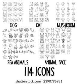 Set of doodles vector icon Dog, Cat, Sea Animals, Mushroom, Animal Face.