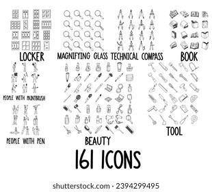 Set of doodles vector icon Locker, Magnifying Glass, Technical Compass, Book, People With Paintbrush, People With Pen, Beauty, Tool. 