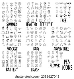 Set of doodles vector icon Summer, Healthy Lifestyle, Tree, Podcast, Baby, Adventure, Battery, Trash, Flower.