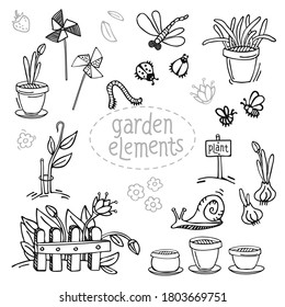 set of doodles with vector images of dragonfly, flower pots, seedlings, caterpillar, ladybug, snail and flowers