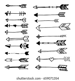 A set of doodles of vintage arrows. Arrows drawn by hand. Vector illustration